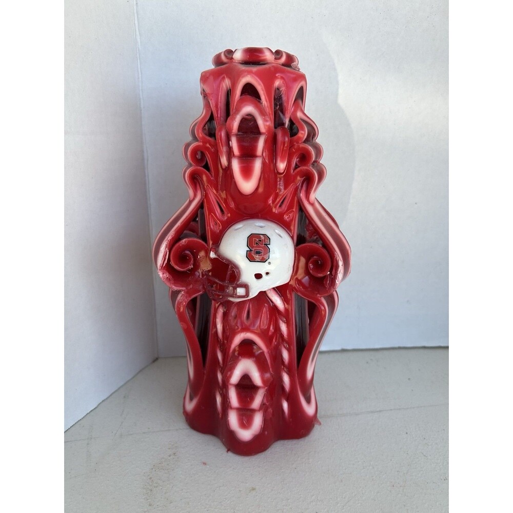 Vintage NC State Wolfpack Hand Carved Wax Candle Football Helmet Red White 10”